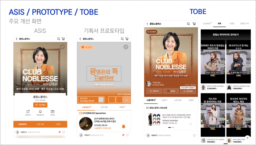 H카페 리뉴얼 구성도: ASIS / Prototype / TOBE